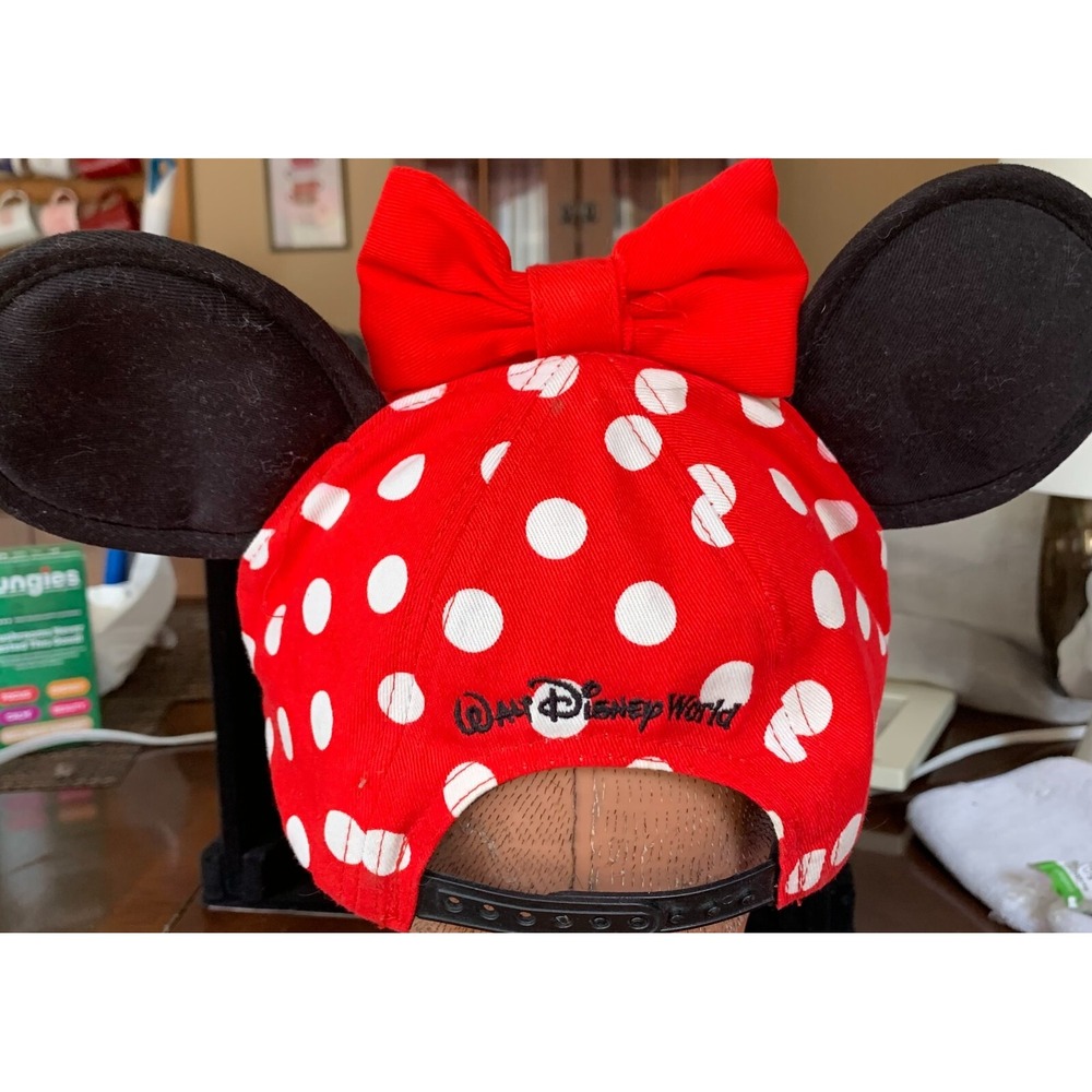 Vintage Disney World Minnie Mouse Baseball Hat Red Polka Dot with Ears & Bow - Picture 2 of 2